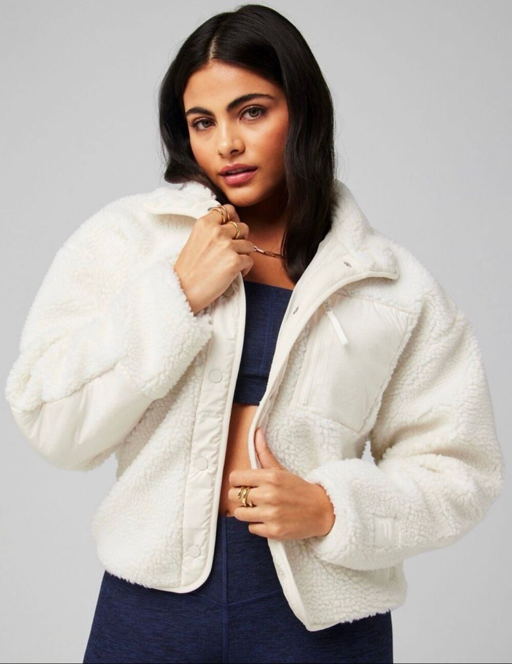 Fabletics cream Sherpa Teddy Tahoe snap front jacket size medium